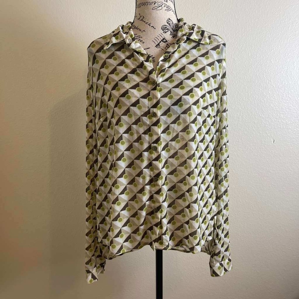 Cabi Womens Medium Mesh‎ Geometric Button Down Blouse Green Brown Retro 3102